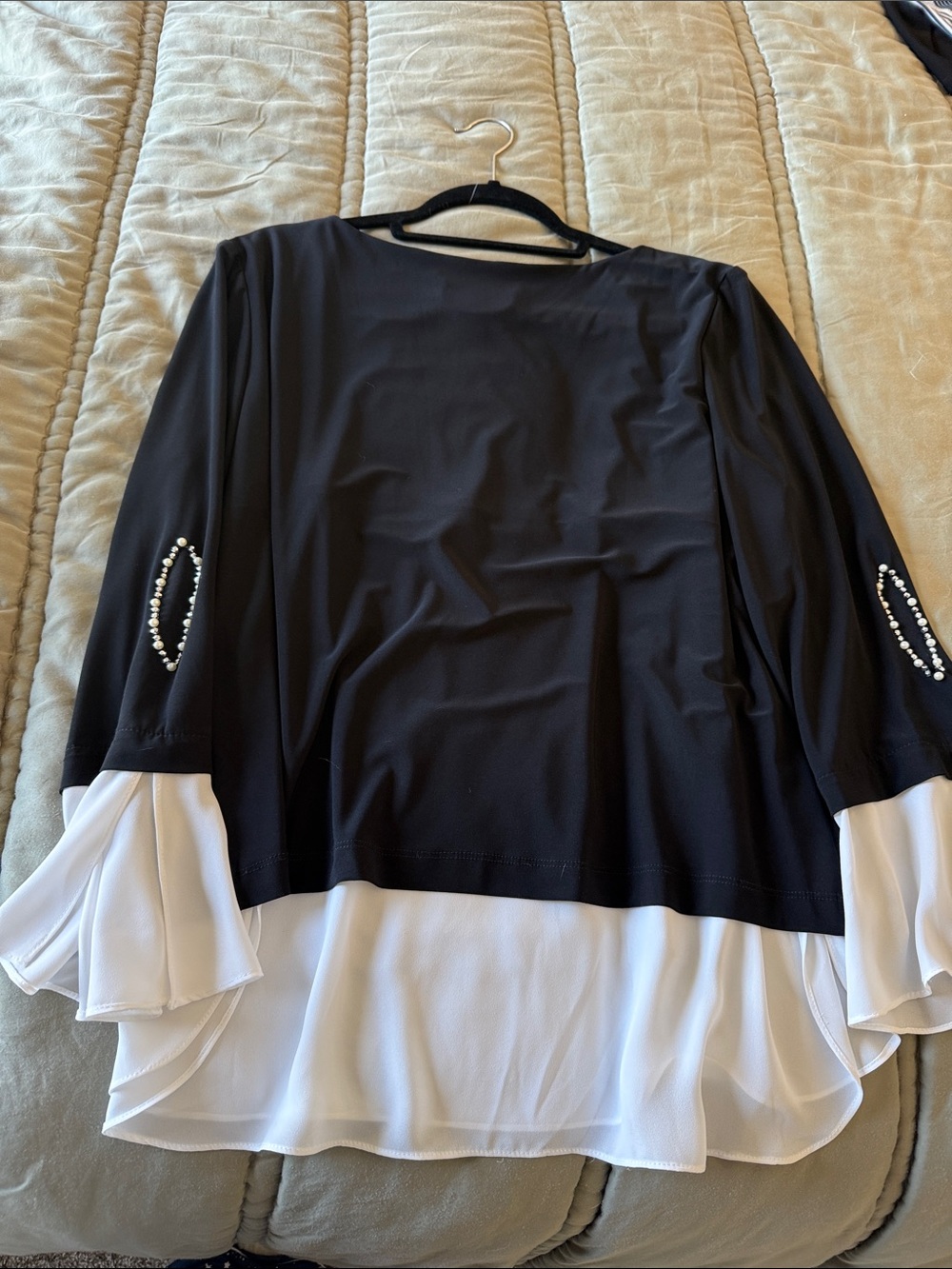 Joseph Ribkoff Black Tunic with White Layered Hem and Beaded Teardrop Accents - Picture 6 of 9
